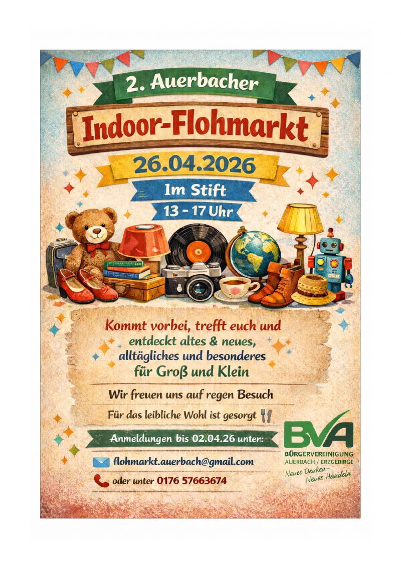 BVA Auerbach Plakat 2 Auerbacher Indoor Flohmarkt am 26 04 2026