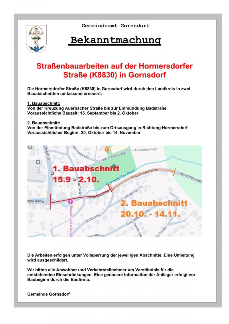 Bekanntmachung Strassenbau K8830 Hormersdorfer Straße
