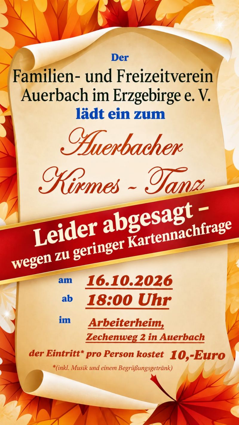 Familien und Freizeitverein Absage Kirmestanz am 16 10 2026