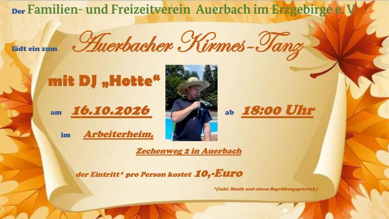 Familien und Freizeitverein Auerbach Plakat Kirmestanz am 16 10 2026