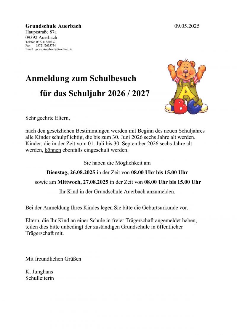 Grundschule Auerbach Anmeldung Schulbesuch 2026 2027
