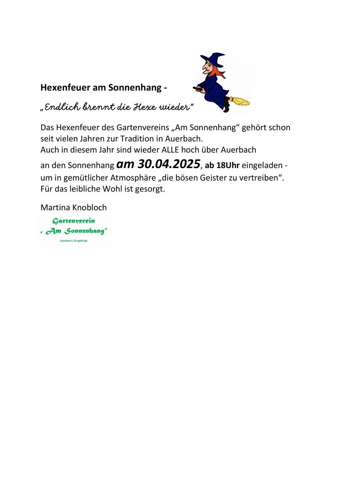 Kleingartenverein Am Sonnenhang Plakat Hexenfeuer am 30 04 2025
