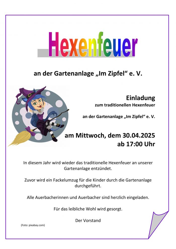 Kleingartenverein Im Zipfel Einladung Hexenfeuer am 30 04 2025