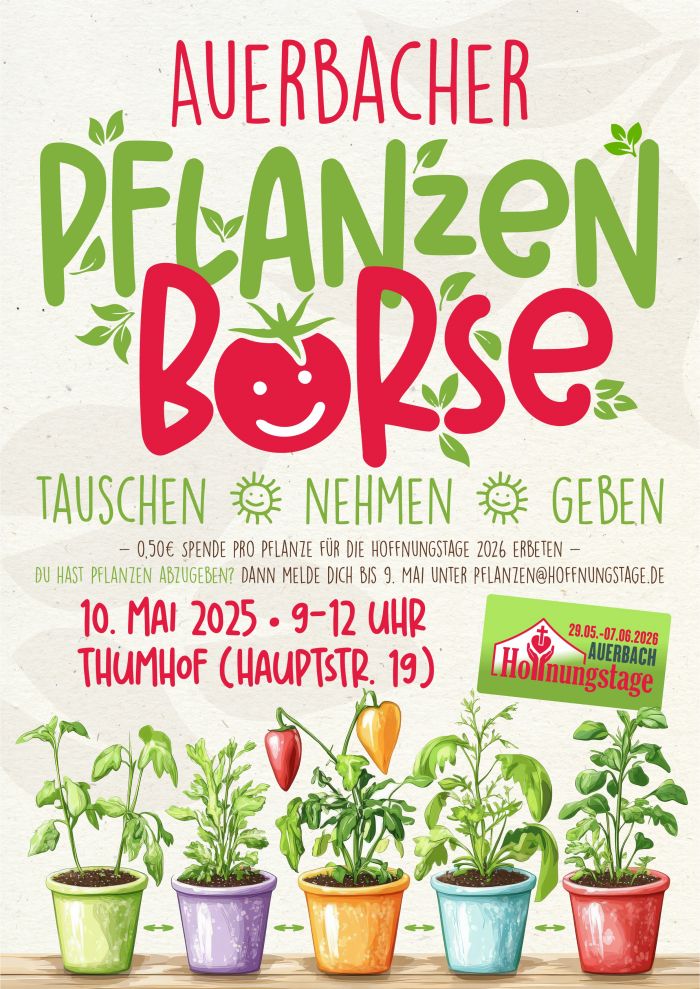 Landeskirchliche Gemeinschaft Plakat Auerbacher Pflanzenbörse am 10 05 2025