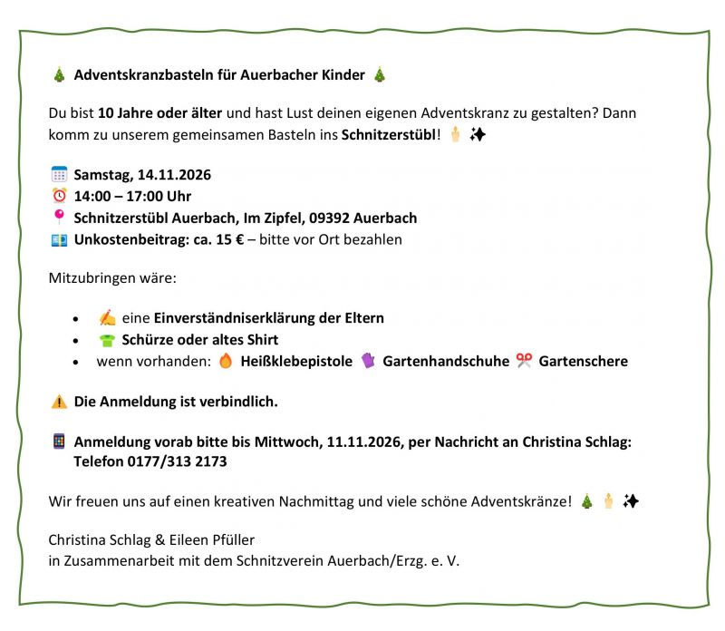 Schnitzverein Auerbach Einladung zum Adventskranzbasteln fuer Auerbacher Kinder am 14 11 2026